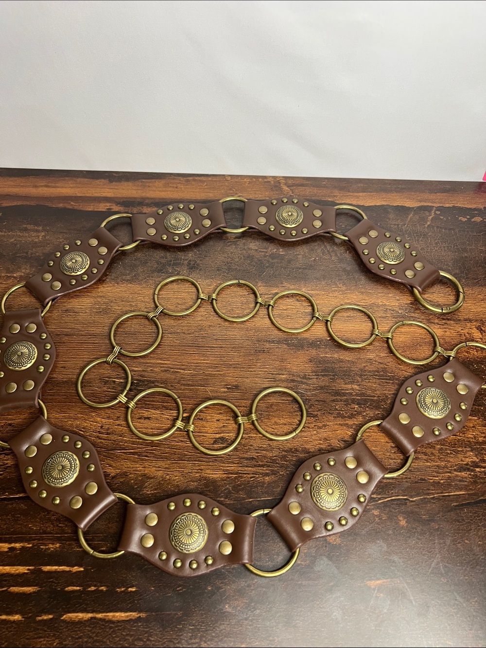 Time and Tru Brown Leather Link Belt with Brass Medallions